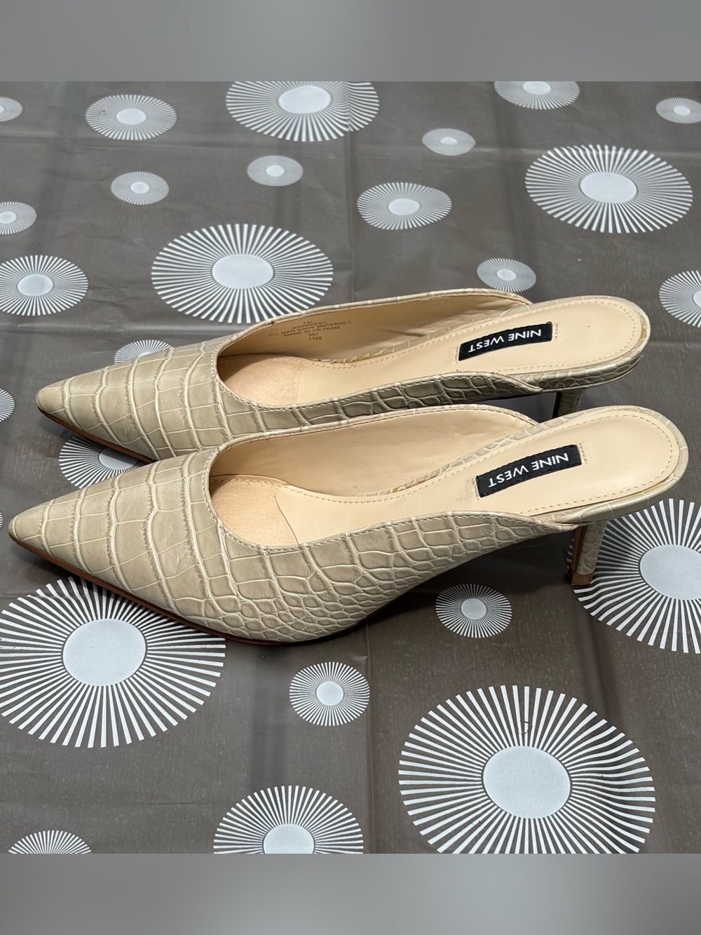 Nine West Taupe Croc-Embossed Angle Pointed Toe Slip-On Heeled Mules - Picture 15 of 16